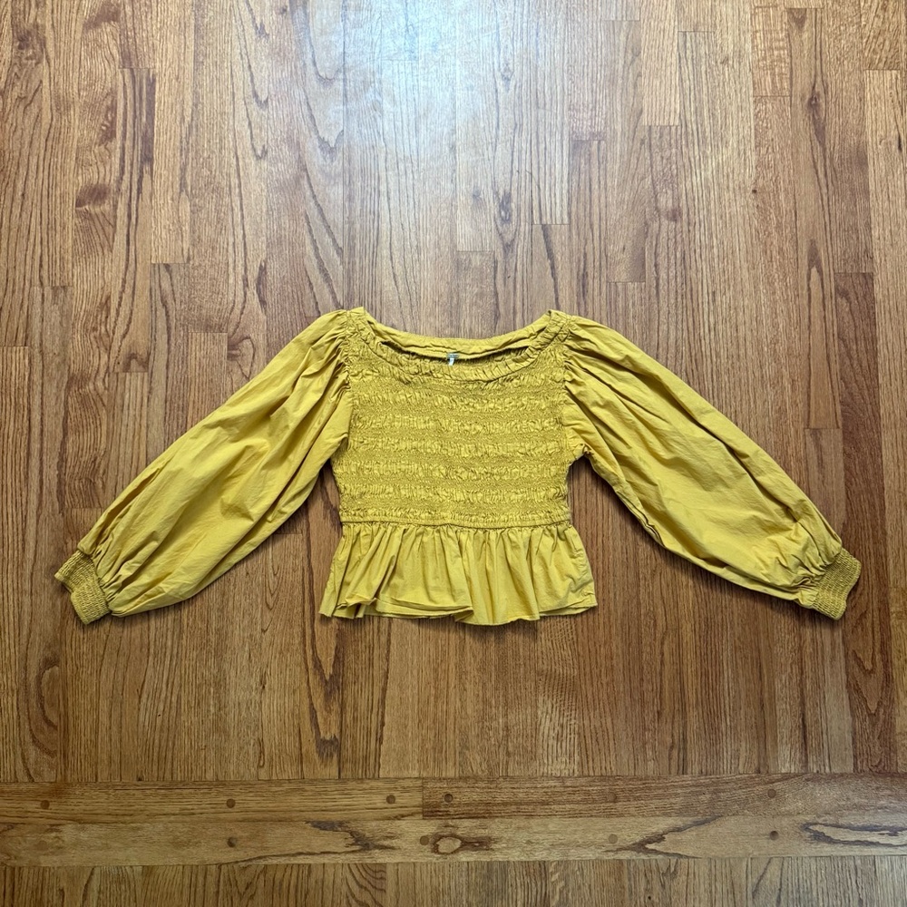 Free People Whoa Yellow Smocked Poplin Off The Shoulder Top size M - Picture 3 of 13